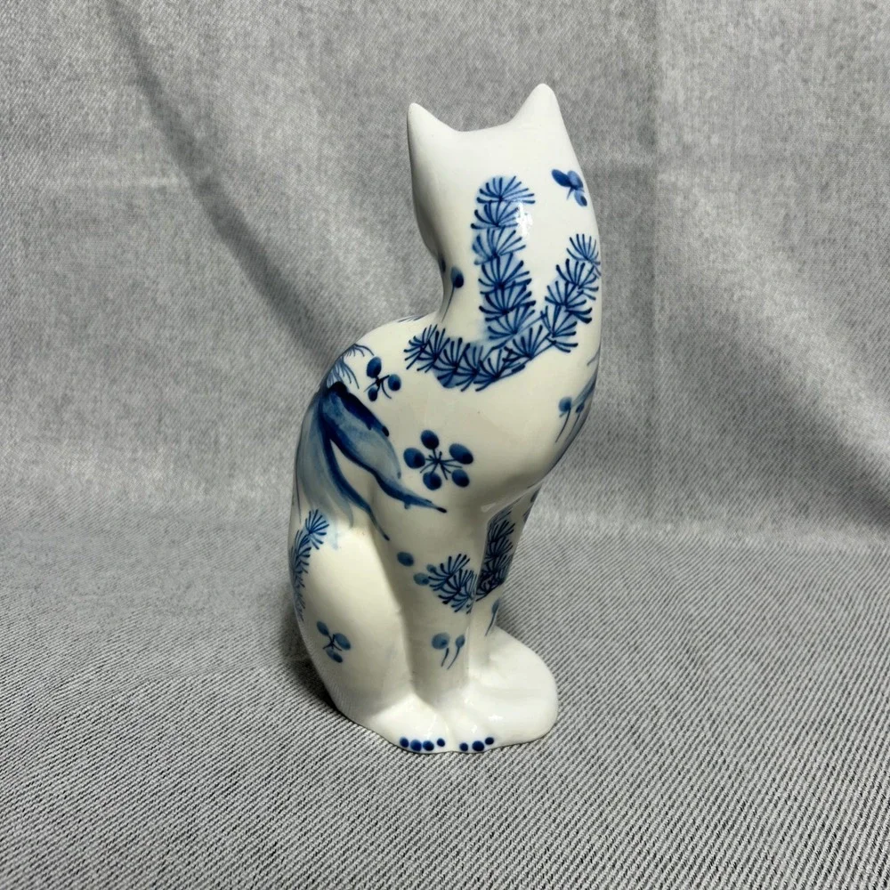 Blue White Porcelain Cat Figurine 8.5